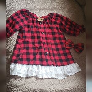 Good Lad Red and Black Plaid Blouse with‎ Lace Trim 3t.
